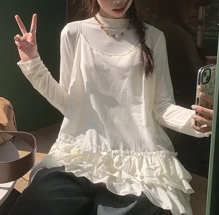 NE86)2컬러 프릴 캉캉 레이어드 끈나시 데일리룩 꾸안꾸룩 키치